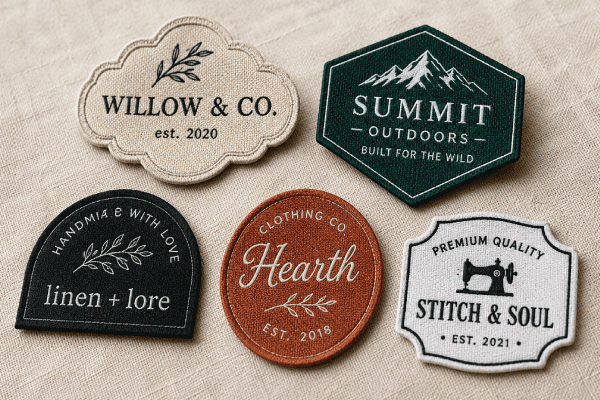 Custom Shape Woven Labels Die-cut and logo-shaped woven labels for unique branding presentation.