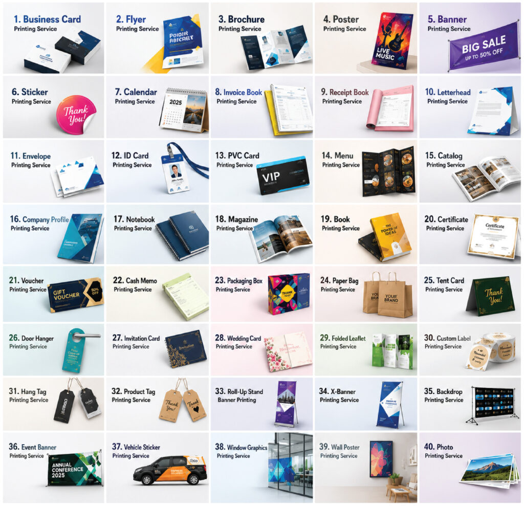 business card flyer brochure poster banner sticker calendar invoice book receipt letterhead envelope id card pvc card menu catalog company profile notebook magazine certificate voucher cash memo packaging box paper bag tent card door hanger invitation card wedding card folded leaflet hang tag product tag roll-up stand banner printing